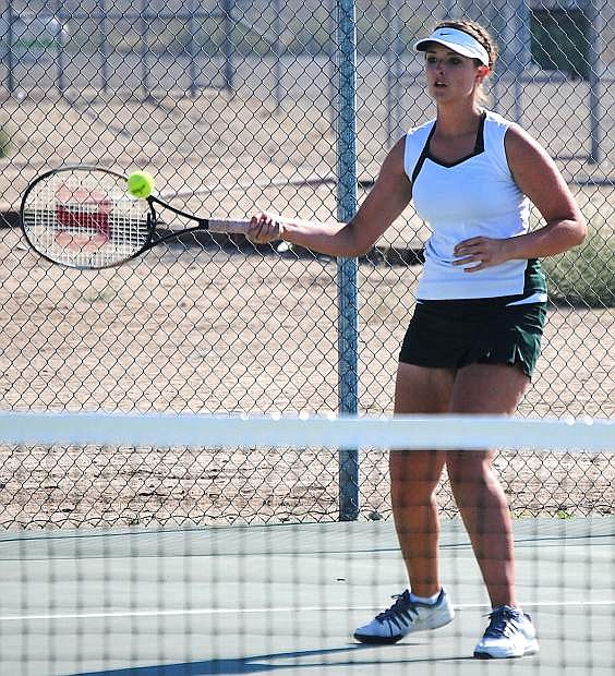 Fallon&#039;s Haley Lindsay returns a shot during a match against South Tahoe on Tuesday at the Edward Arciniega Complex.