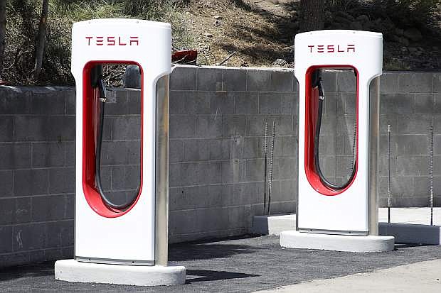 Two of the six Tesla charging stations are seen behind Safeway on Donner Pass Road in Truckee. The Tahoe Regional Planning Agency wants to make upgrades for electric vehicles.