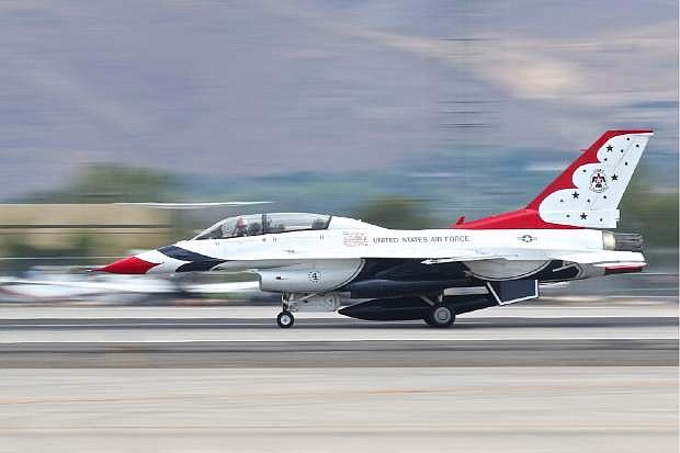 Thunderbird #4 touches down at the Reno-Tahoe Airport Thursday afternoon after a practice session over the Minden-Tahoe Airport.