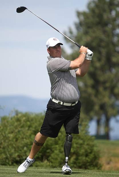 Chad Pfeifer plays a practice round for the 2014 American Century Championship at Edgewood Tahoe Golf Course in July. Pfeifer, who lost his left leg after an improvised-explosive device on patrol in Iraq in 2007, finished fifth and was the star of the tournament.