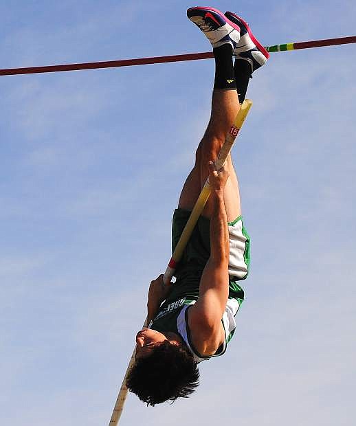 Fallon senior Nathan Heck attempts to clear the bar at 15 feet, 1 inch during Saturday&#039;s league meet at the Edward Arciniega Complex.