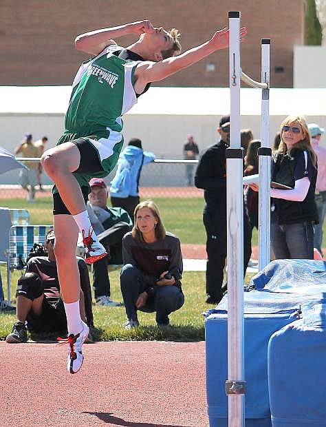 Fallon sophomore Tristen Thomson attempts to clear the bar during Saturday&#039;s high jump at the Yerington Relays.