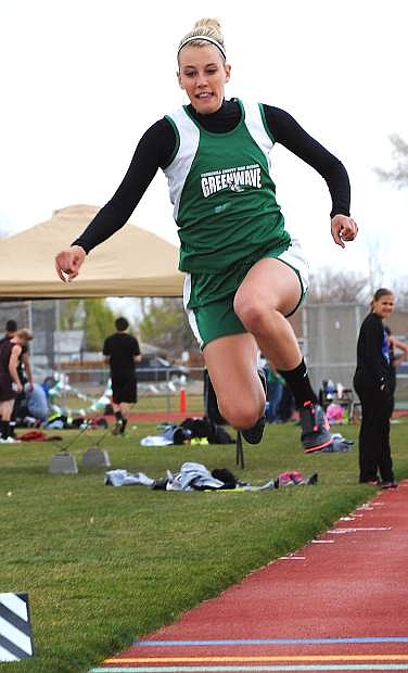 Fallon senior Elena Murray competes in the triple jump during a track meet this season. She was fourth in the triple jump at Saturday&#039;s Northwest Invitational at McQueen High School in Reno.