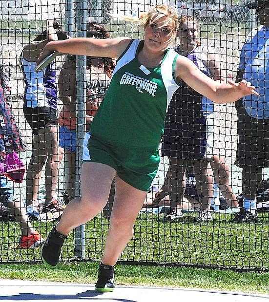Fallon&#039;s Emily Coleman prepares to launch the discus during Wednesday&#039;s track meet at the Edward Arciniega Complex.