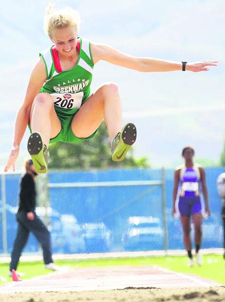 Fallon state champion Whitney Skabelund competes in the triple-jump event.