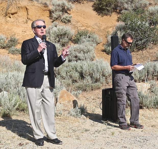 Carson City Mayor Rober Crowell addresses the crowd Wednesday morning at the Waterfall Trailhead in Kings Canyon.