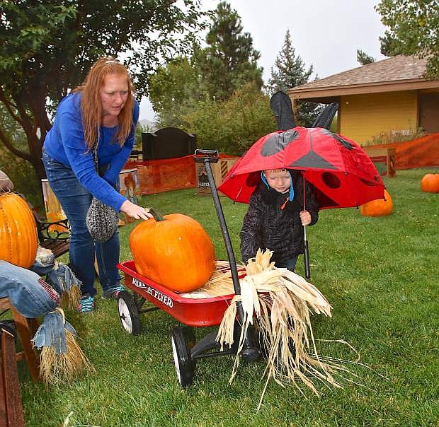 Jenny Kloepfer of Carson City helps her son Logan, 3, find a pumpkin in the pumpkin patch at the Harvest Train event Saturday.