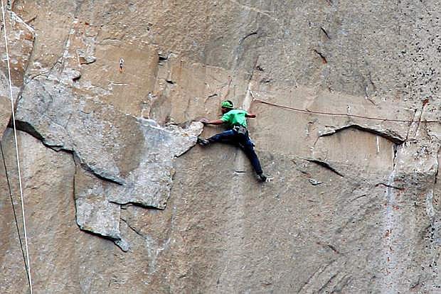 In this Jan. 9, 2015 photo provided by Tom Evans, Kevin Jorgeson climbs on what is known as pitch 15 during what has been called the hardest rock climb in the world: a free climb of El Capitan, the largest monolith of granite in the world, a half-mile section of exposed granite in California&#039;s Yosemite National Park. The first climber reached its summit in 1958, and there are roughly 100 routes up to the top. (AP Photo/Tom Evans, elcapreport)