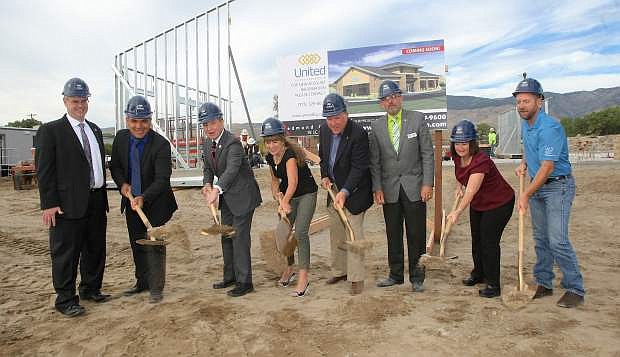 Participating in a ground breaking ceremony for the new United Federal Credit Union on Monday are, from left, UFCU Board Member, Jim McClenahan; UFCU Market Vice President Danny DeLaRosa, Mayor Robert Crowell; Supervisor Karen Abowd; Assemblyman PK O&#039;Neill; Supervisor Jim Shirk; Supervisor Lori Bagwell and Supervisor Brad Bonkowski.