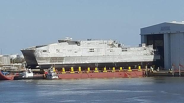 The USNS Carson City was put into the Mobile Bay in Mobile, Alabama on Tuesday. The ship was put on a barge and then released into the bay to make sure there were no leaks. Testing and training will take place on the USNS Carson City for the next six months.