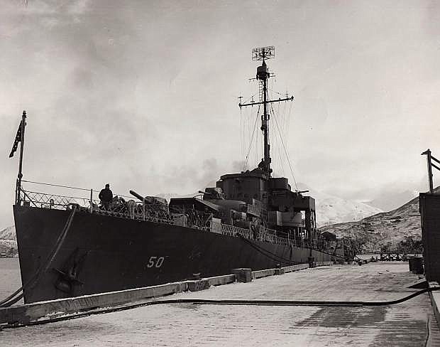 The USS Carson City is seen in the Aleutian Islands in 1944-45.