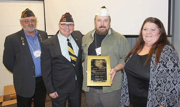 From left,  Larry Hire, VFW State Cmdr. David Sousa, Cristoph Harper and Wanda Miller, state VFW Ladies Auxiliary president, recognize Fallon teacher Kelly Frost (not pictured) for winning the high school teacher award for teaching patriotism in her classroom. She represented Fallon&#039;s VFW Post 1002.