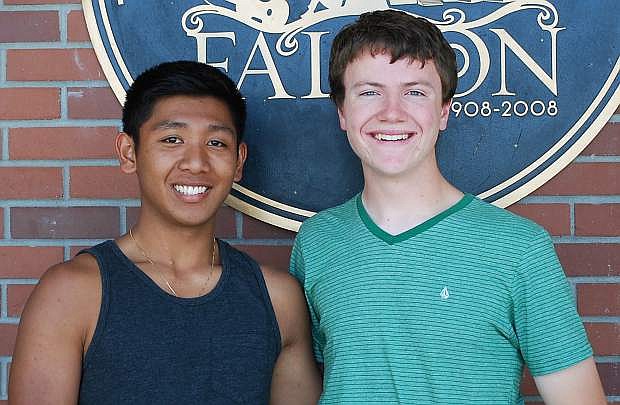 Paolo Narag, left, and Garrett Kalt give big smiles Wednesday afternoon during Churchill County High School&#039;s senior class pinic at Oats Park after finidng out Narag wasnamed  valedictorian and Kalt was salutatorian for CCHS class of 2014.