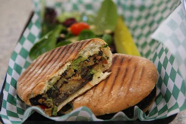A vegan eggplant panini is seen during lunch on Friday at Foodies Bystro.