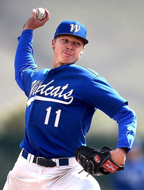 Western Nevada College&#039;s Conor Harber pitches against the College of Southern Nevada during a game at John L. Harvey field on Sunday in Carson City.