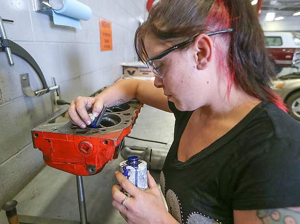 Deseray Thompson works in an automotive class at Western Nevada College in Carson City.