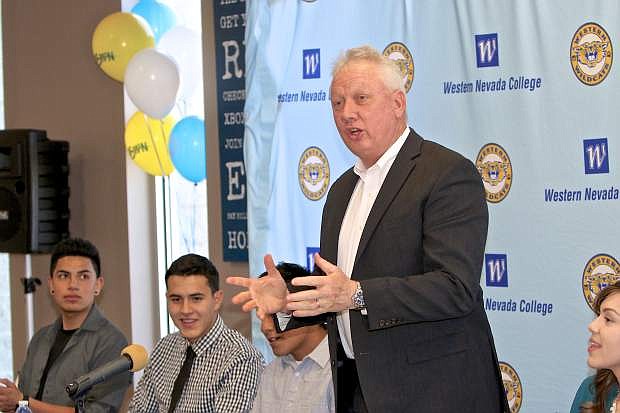 Western Nevada College President Chet Burton speaks about the school&#039;s new &#039;club&#039; soccer program at the Dini Library and Student Center Thursday.
