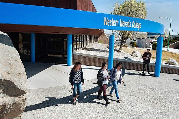 Western Nevada College Students Mayzie Jones, Morgan Calliham, Youki Clare and Adam Smith walk outside Western Nevada College in Fallon earlier this year.