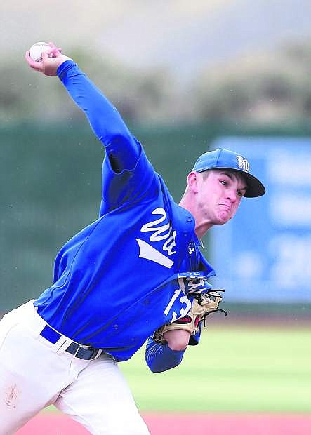 Wildcats&#039; Thomas Kerr pitches against the Utah State University Eastern at Western Nevada College in Carson City, Nev., on Saturday, April 25, 2015. WNC won 7-1.
