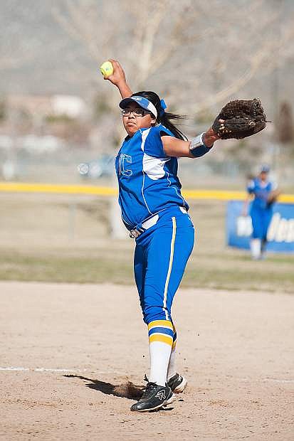 Western Nevada&#039;s Kaitlyn Jimmy (25) pitches against Salt Lake Community College during the first of a two game series in Carson City, Nev. on Saturday, March 7, 2015. Western Nevada was defeated in the first game by Salt Lake Community College 11-2.