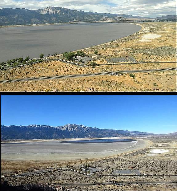 Anna Pittenger submitted this photo of two photos of Washoe Lake. The top photo was taken from the gazebo overlooking Washoe Lake in September 2011. The bottom photo was taken Sunday at the gazebo.