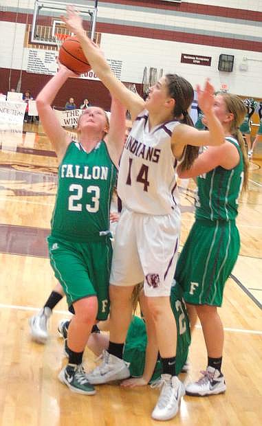 Fallon&#039;s Kayala Buckmaster (23) goes up for a shot during a game against Elko on Saturday.
