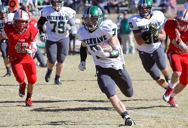 Fallon running back Trent Tarner breaks loose during the Greenwave&#039;s 54-19 win over Truckee on Saturday. Tarner ran for 281 yards on 17 carries.