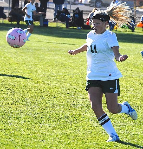 Fallon defender Sam Burton settles the ball during the Lady Wave&#039;s 0-0 tie against Truckee on Friday.