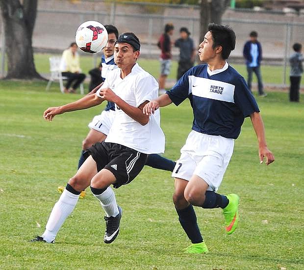 Fallon midfielder Pedro Barajas fights for the ball during a game this season. The Wave dropped Dayton, 5-2, on Tuesday and hosted Fernley on Thursday.