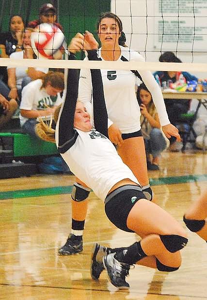 Fallon sophomore Megan McCormick tries to save the ball during Tuesday&#039;s 3-0 loss to Truckee at the Elmo Dericco Gym.