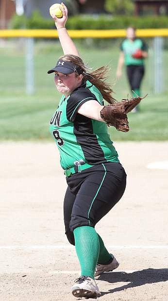 Fallon&#039;s Alicia Baze delivers a pitch in the first game of the doubleheader against Sparks on Monday.