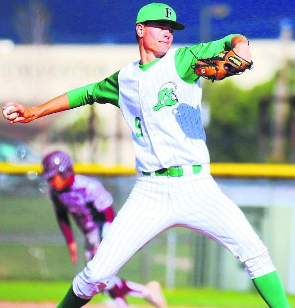 Fallon&#039;s Clay Davison winds up on the mound as one of the Wave&#039;s reserve pitchers.