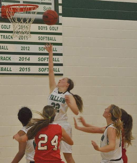 Fallon&#039;s Caitlyn Welch (22) scores a layup in the Wave&#039;s game against Truckee, their last before the regionals.