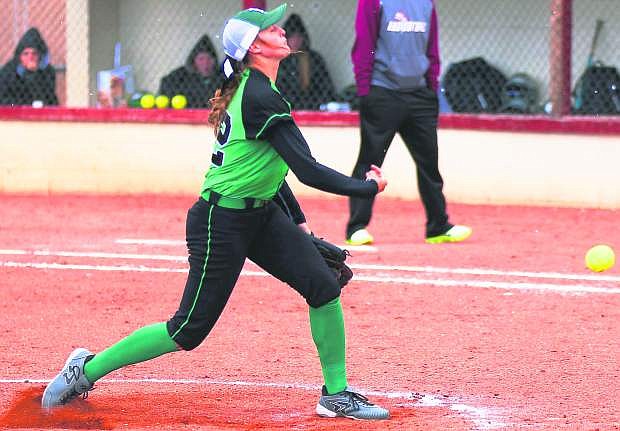 Fallon&#039;s Faith Cornmesser pitches in the second game of the series at Elko this weekend.