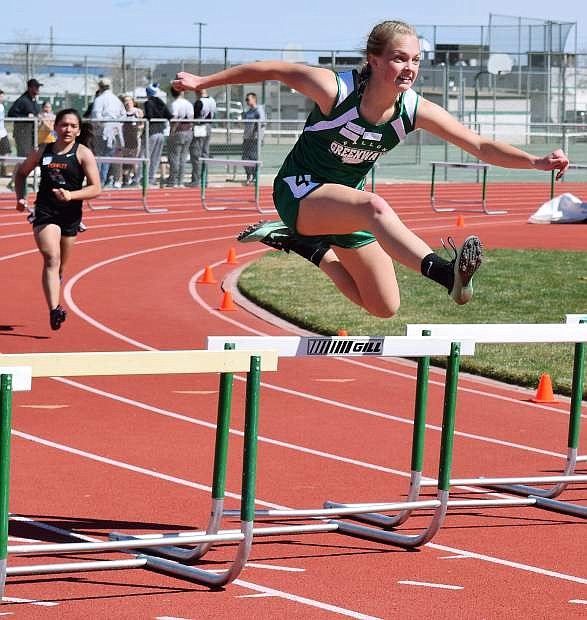 Fallon&#039;s Whitney Skabelund tops the hurdles in the Yerington Invitational for the Greenwave varsity girls track team.