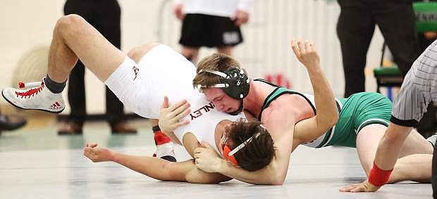 Fallon&#039;s Trae Workman, right, grapples Fernley&#039;s Brennan Gatlin earlier this season.