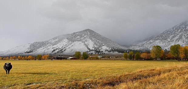 Winter clashes with autumn on Tuesday near the California state line in south Gardnerville. More snow is possibly in the forecast early next week.