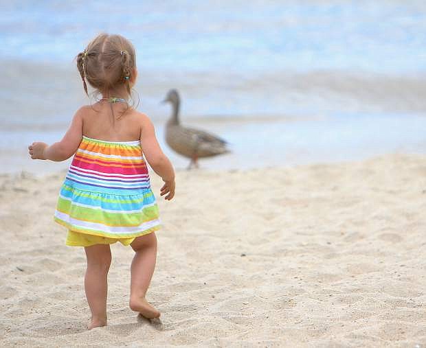 Stella Arnst, 2, walks down to the water&#039;s edge at El Dorado Beach on Tuesday.