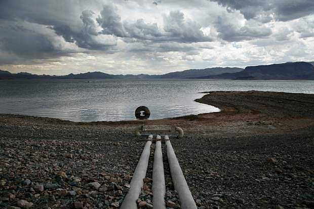 Water intake pipes that were once underwater sit above the water line along Lake Mead in the Lake Mead National Recreation Area in May.