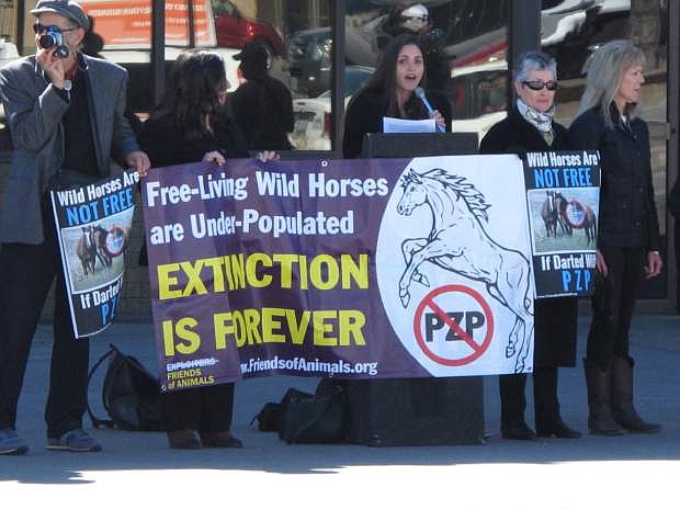 In a Feb. 26, 2015 photo, Edita Birnkrant, campaigns director of the New York-based Friends of Animals, speaks at a rally in Sparks, Nev., protesting plans to roundup hundreds of wild horses in Nevada and inject dozens of the mares with PZP, a drug that prevents them from reproducing for two years. Her group and the San Francisco-based Protect Mustangs are lashing out against other horse advocates who support the use of the drug, including the American Wild Horse Protection Campaign and the Humane Society of the United States. (AP Photo/Scott Sonner).