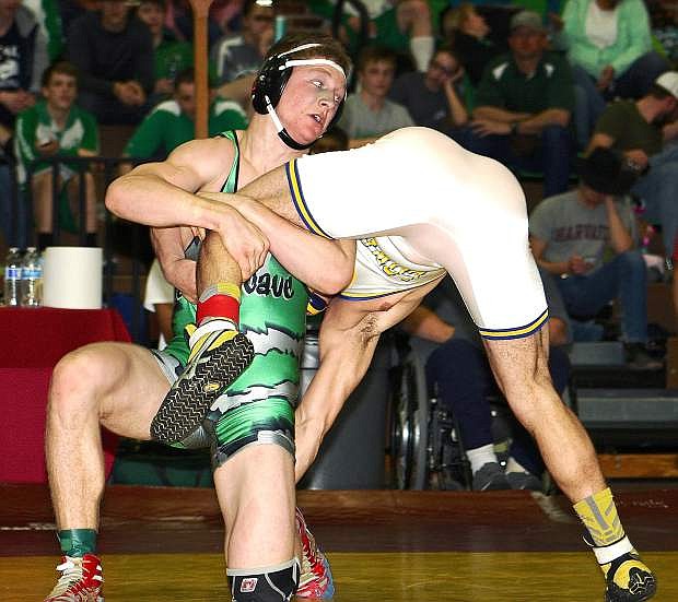 Fallon&#039;s Dakota Schelling battles Lowry&#039;s Tytin Johnson for first place during Saturday&#039;s Northern Division I-A regional tournament in Sparks. Schelling lost but qualified for this week&#039;s state tournament in Primm.