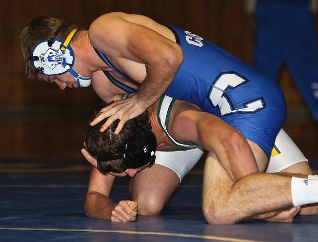 Carson 145-pounder Brady O&#039;Keefe controls Manogue&#039;s Max Crowe Wednesday night at Morse Burley Gymnasium. O&#039;Keefe quickly defeated Crowe.