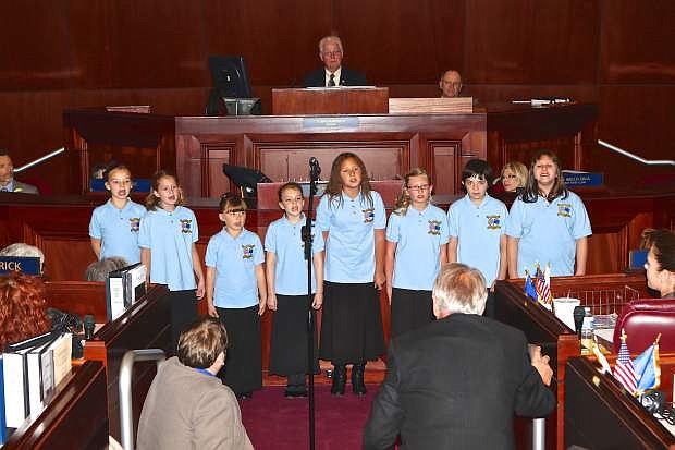 The Children&#039;s Performance Choir from Dayton performs Sandy Wilbur&#039;s &#039;We The People&#039; for the Nevada Assembly Friday afternoon in Carson City. They range from 7-11 years of age, are directed by Tim Nolte and are (in no particular order) Hanna Mearhoff, Sofia Morrison, Britany Vanzura, Chelsea Boone, Dahlia Mearhoff, Valance Johns, Rebecca Walters and Madison Ramsay.