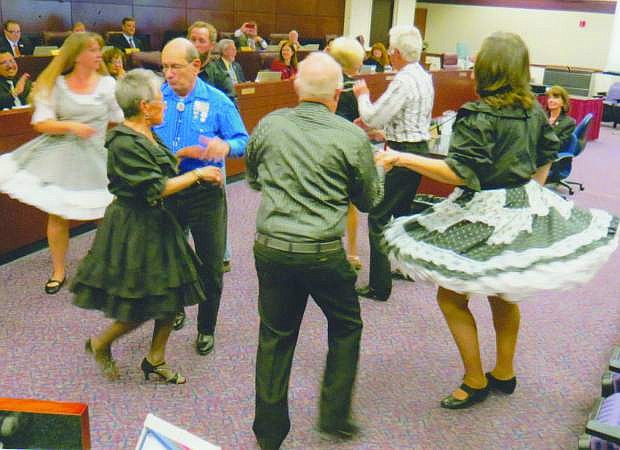 Members of Fallon&#039;s square dance club, Oasis Squares, were at the state Legislative Building  to support Assemblywoman Robin Titus&#039;s bill, AB 123, to make square dancing the state dance of Nevada.  They included Linda Hartweg, Joe Bera, Joye and Zak Kinkade, Len and Darlene Denning and Jim Falk.  There were also 13 members of other Northern Nevada clubs present.  The dancers gave testimony why they thought Nevada, like 31 other states should make square dancing its state dance, and they did a demonstration dance for the committee considering the bill.