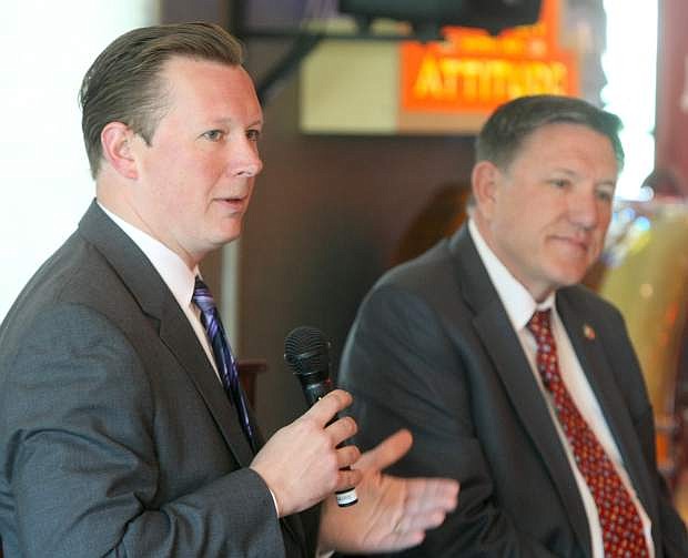 Nevada Senator Ben Kieckhefer and Assemblyman P.K. O&#039;Neill answer questions at a breakfast sponsored by the Carson City Chamber on Tuesday.