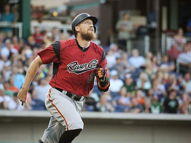 Hunter Pence watches his two-run home run Wednesday.