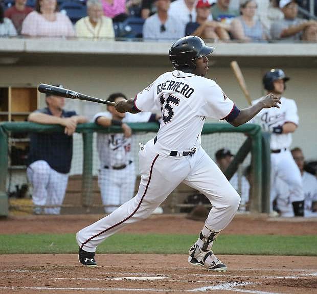 Reno Aces&#039; Gabriel Guerrero, nephew of retired MVP Vladimir Guerrero, connects against Sacramento on Wednesday.