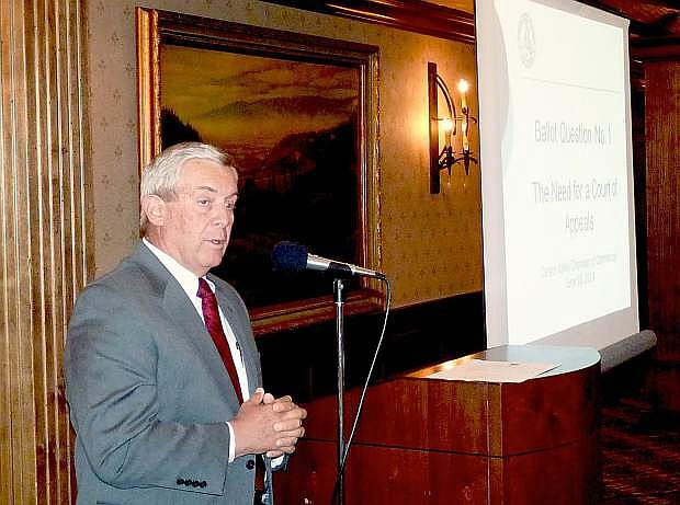 Supreme Court Justice Jim Hardesty talks about the need for an appellate court in Nevada on Wednesday at Genoa Lakes.