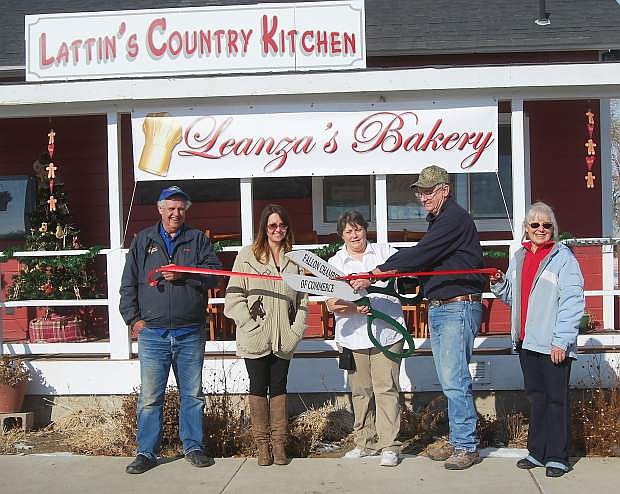 The Fallon Chamber of Commerce conducted a ribbon cutting on Saturday for Leanza&#039;s Bakery. From left, are Rick Lattin, Natalie Parrish from the Chamber, Carole Leanza, Bob Lehman and B. Ann Lattin.