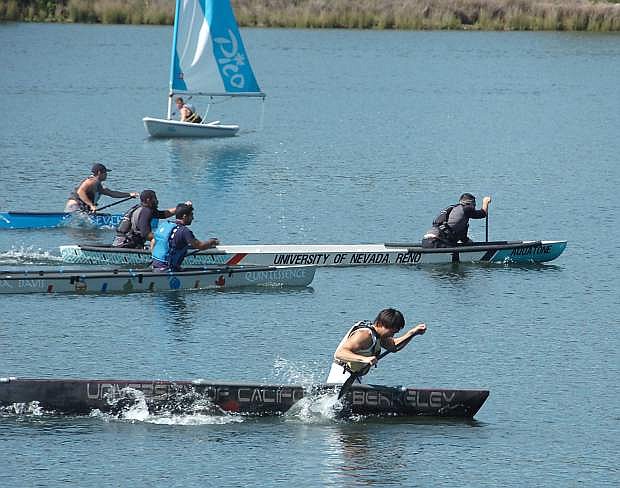 The University of Nevada, Reno concrete canoe team dominated the seven northern California teams in the five race categories, paddling their 138-pound canoe, Aquatone, to win each of the races at the Mid-Pacific Regional Competition at Lake Natoma in Folsom, Calif., on April 3.